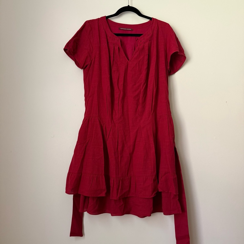 Comptoir Des Cotonniers Red Pleated Ruffle Embroidered Dress with Belt, size L - Picture 11 of 11